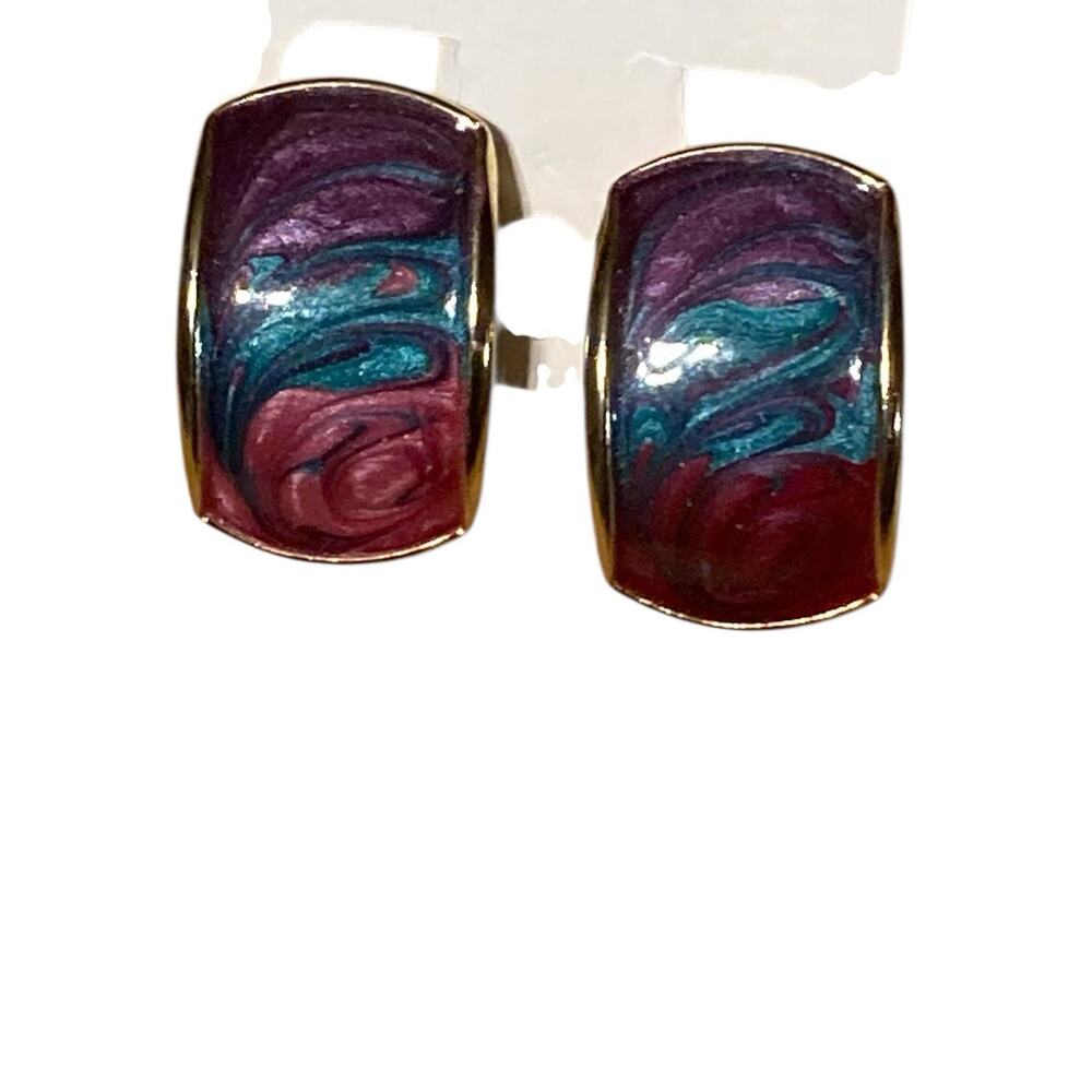 Vintage 80s Purple Blue Swirls Rectangle Gold Tone Earrings Pierced Ears